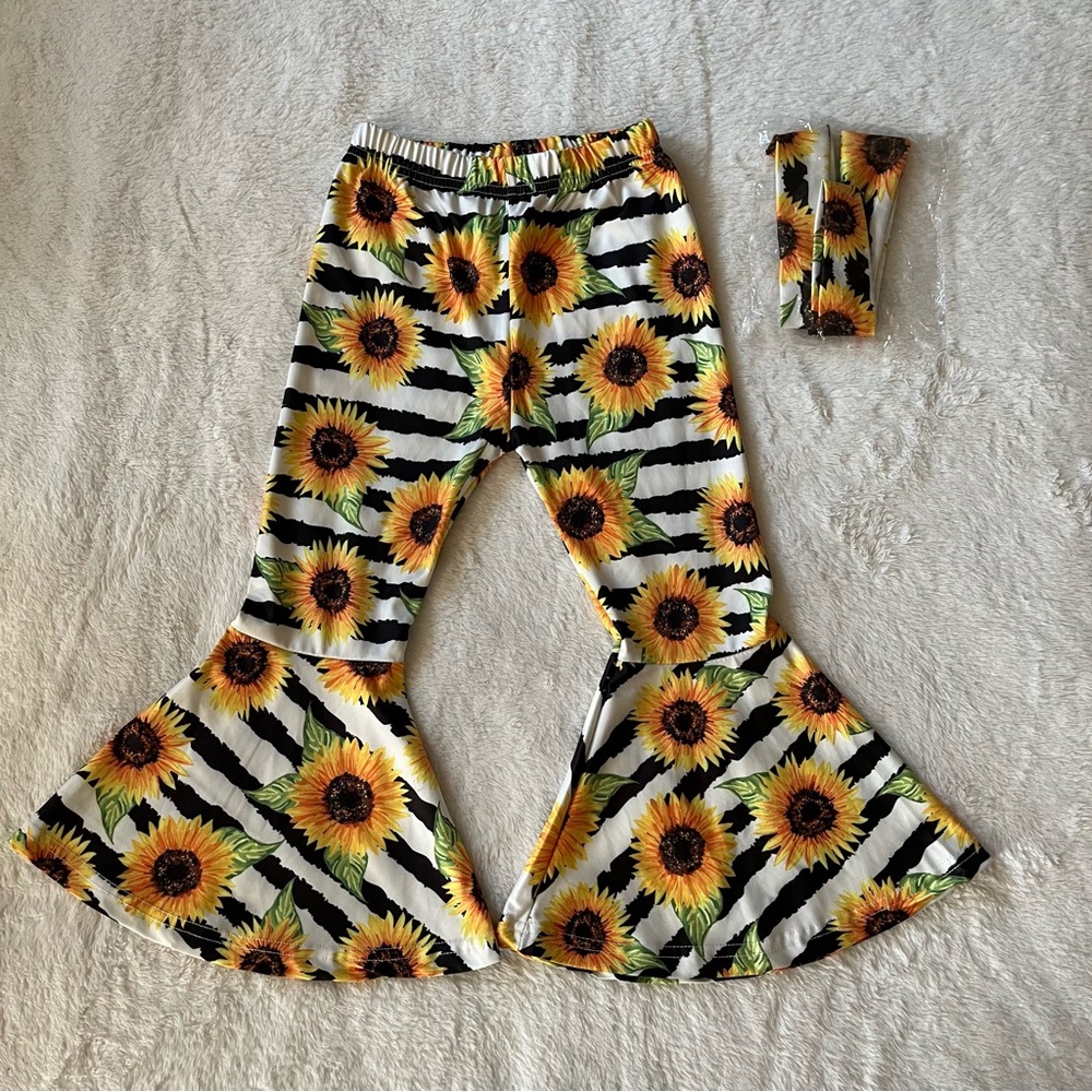 Toddler girl sunflower, striped bell bottoms with matching headband 🌻